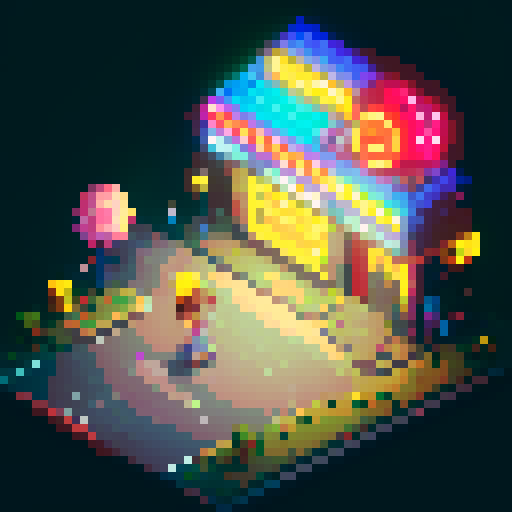 Chibi police officer catching a Pikachu in a pixelated urban street full of neon lights and graffiti