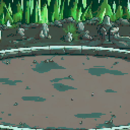 Haunted graveyard with a circular stone arena scattered with bones and rocks. Surrounding the arena are tilted tombstones, broken stone structures, and eerie green light emanating from a dense, dark forest in the background. The scene is dominated by muted grays and greens, evoking a chilling and ominous atmosphere.