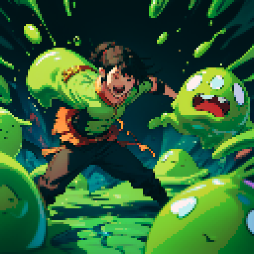 slime surging up around someone, slime engulfing a hero, slime consuming a hero, hero getting engulfed by slime, slime attack, dynamic, slime slamming into someone, impact, splashing slime, full-body image, full-body art, black hair, brown outfit