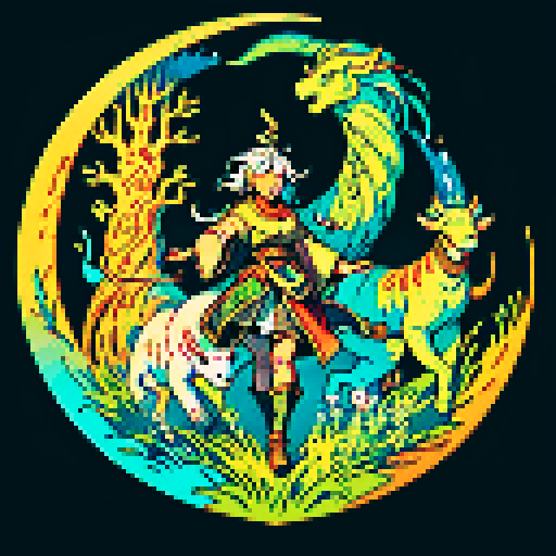 ancient scrolls, weathered and faded, illuminated with vibrant hues, depicting mythical creatures and celestial landscapes, rendered in intricate pixel art