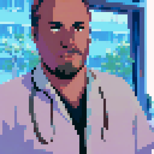 man with slicked-back hair, vibrant Hawaiian shirt, bustling city street, towering pixel art skyscrapers, pixelated sun shining brightly, casting vibrant sRGB colors