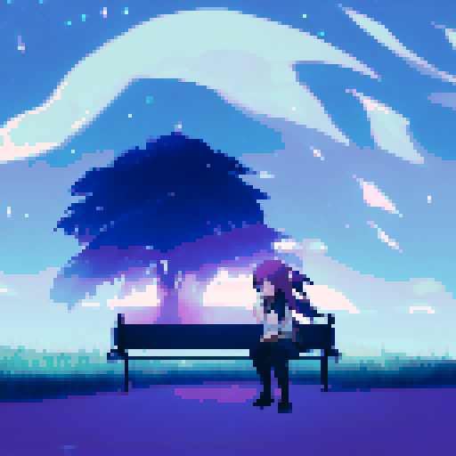 Lonely girl, tears streaming down her face, sits on a bench under a starry night sky in a poignant anime-style scene with hues of blue and purple, capturing the melancholy mood.