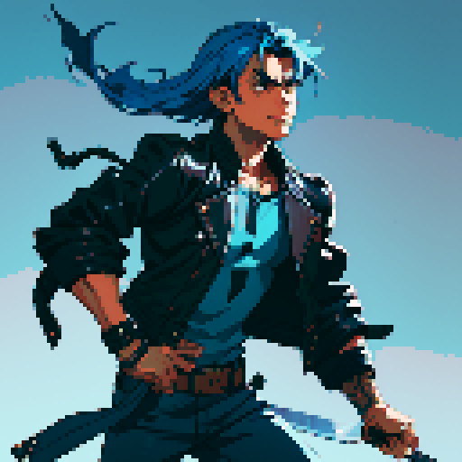 male character, blue hair, holding two knives, space pirate, brown leather jacket, retro video game style, pixelated details, no background, dynamic poses