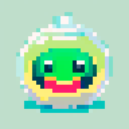 A simple amorphous blob with a glossy, semi-transparent green body. It has big, round eyes and a goofy smile, with small bubbles inside its jelly-like structure.
