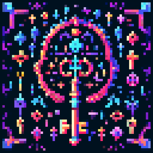 magical key, glowing with vibrant colors, surrounded by mystical symbols, rendered in intricate pixel art, against a background of dark sRGB hues