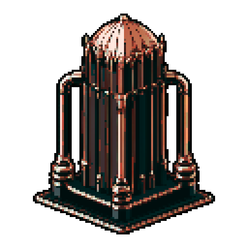 I want a tall vertical copper structure reminiscent of a organ pipe. It should have strange mechanical details that could interlock with each other. I also want this object usable an asset in a videogame, meaning only one object per image, outlined with a strong black stroke, on a solid-color background.
