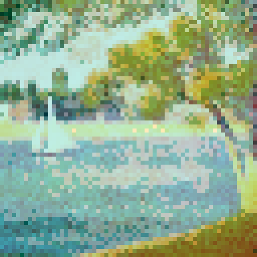 A serene riverside scene. A sailboat with a white sail floats gently on the river, while a lone individual rows a small boat in the
foreground. On the left, a large tree with dense foliage stands tall, casting a shadow over the water. In the background, a line of trees and a building can be seen, suggesting a distant shoreline or town. The entire scene is bathed in a soft, pastel hue, giving it a dreamy and tranquil ambiance.
Mimic Georges Seurat’s pointillist technique