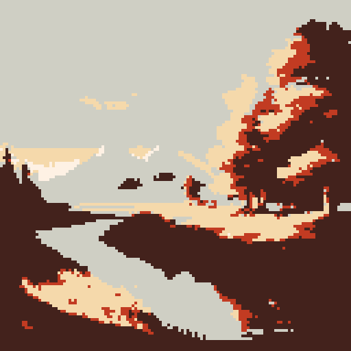 Bob Ross painting, serene mountain range, vibrant sunset colors, fluffy clouds, peaceful lake, towering trees, soft brush strokes, distant cabins nestled in the woods, tranquil atmosphere, gentle mist, ethereal beauty