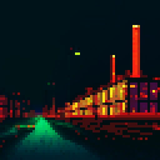 Glowing neon signs, towering smokestacks, dilapidated factories, rusty metal structures, grungy alleyways, flickering streetlights, pixelated cityscape