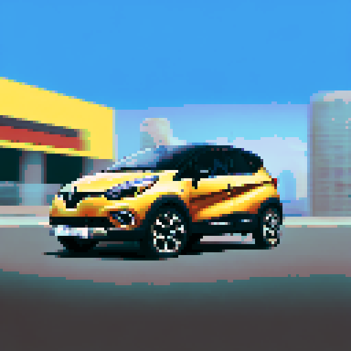 Photorealistic whole Renault Captur, centered, three-quarter view, right front wheel, clean background, sRGB colors, pixel art style
