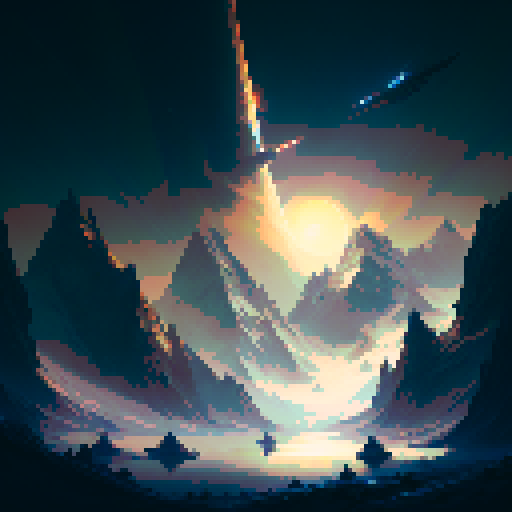 floating mountain peaks, illuminated by moonlight, surrounded by spaceships