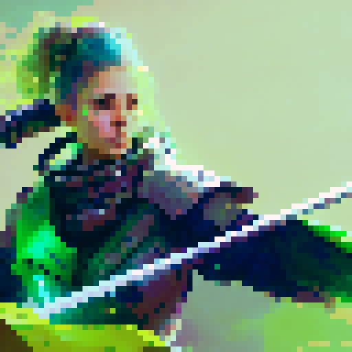 female warrior, with vibrant green hair, wielding a futuristic high tech weapon