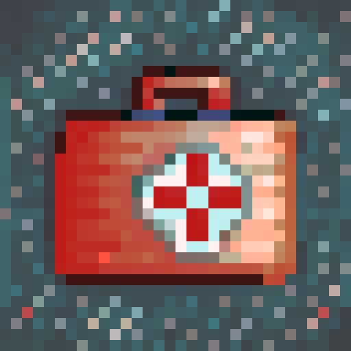 Medical kit with red cross symbol, band-aids, syringe, and pills, rendered in 32x32 pixel art style with vibrant colors and sharp edges, showcasing a close-up portrait of the kit as a game icon in skill art format