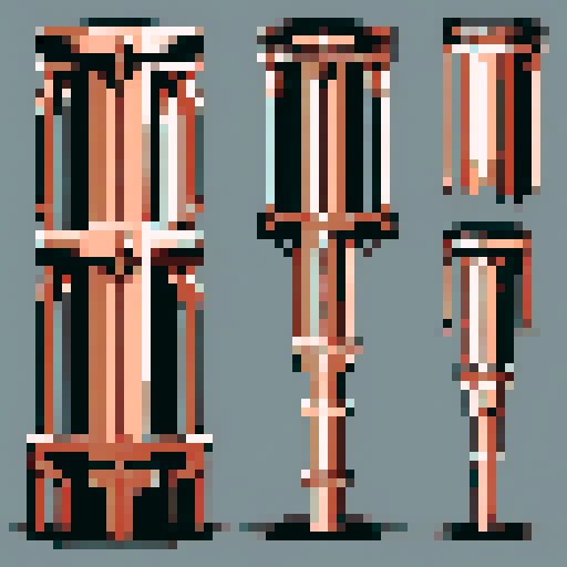 I want a vertical copper structure reminiscent of a organ pipe. It should have strange mechanical details that could interlock with each other. I also want this object usable an asset in a videogame, meaning only one object per image, outlined with a strong black stroke, on a solid-color background.