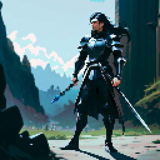 full-body image, male knight, man in black armor, giant sword, long black hair, sexy, male dark knight