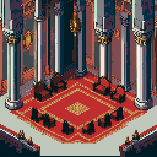 royal council, throne, columns, building, inside, block, wood, discussion table, table, modest