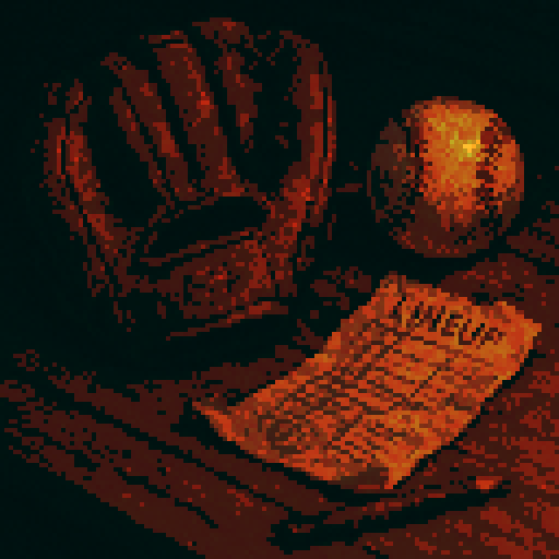 A close-up pixel art still life: a weathered brown leather baseball glove, a scuffed baseball, and a crumpled lineup card lying on a dusty wooden desk. Soft, moody lighting with long shadows and warm sunset tones. The desk has scratches, a chipped pencil, and maybe a faded team logo barely visible on the glove or card. Use deep browns, tans, and warm orange highlights.