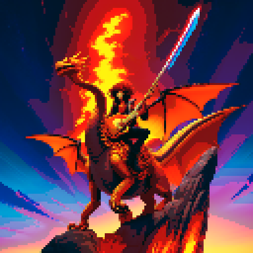 A rock guitarist riding a dragon, flying through a fiery sky above a futuristic city, brandishing his guitar like a sword