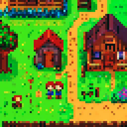 Stardew valley style, main character sprite, 32 pixel high x 16 pixels wide, brown hair, blue eyes, front view, side, view, rear view, and walking animation positions in all directions. 