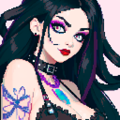 curvy, cute busty goth woman's face, whole head portrait, black hair, purple eyeshadow, red lipstick, low cut black halter top, studded collar, vibrant sRGB colors, pixel art, edgy aesthetic.