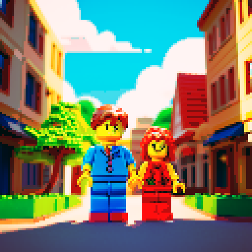 In front of the Lego store in the summer evening, a girl held the hand of a boy, and the leaves fell in the breeze under the setting sun.