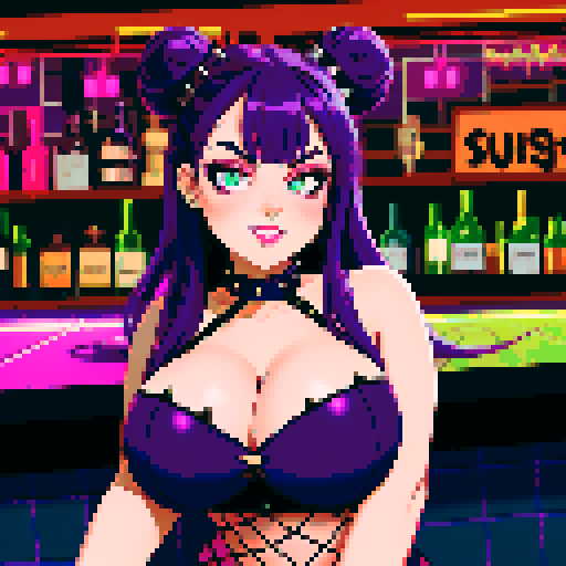 Thicc, curvy, busty goth babe with studded collar, long purple hair in buns, halter top, fishnet stockings, working as a bartender, neon signage, modern tile, pixel art, sRGB