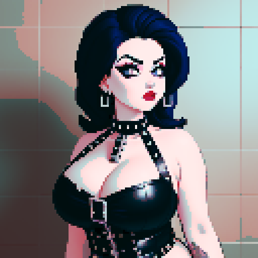 curvy, busty goth babe with studded collar, wearing halter top, in a full face portrait with a glamour shot aesthetic, against a tile backsplash, capturing an edgy pixel art style in sRGB