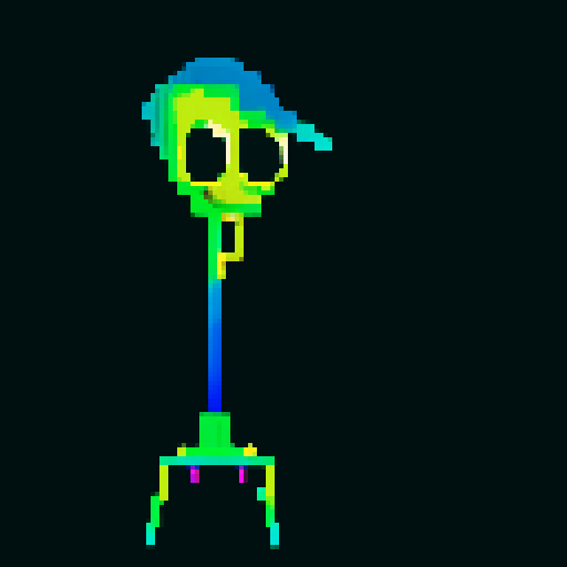 Tentacled alien photographer with big eyes taking a neon, colorful selfie using a retro pixel art camera, capturing intricate details in a pixelated style.