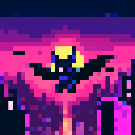 Bat creature, with dark wings spread wide, soaring through a neon-lit cityscape at midnight, casting pixelated shadows on the sRGB buildings below