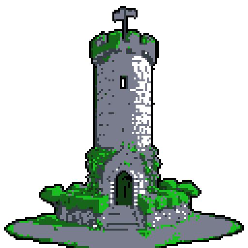 2d grey stone tower in an ancient english style. Old and crumbling but still upright. Green vines crisscross it. Usable as an asset (clear, thick lines and a white background). Put a black stroke around the composition