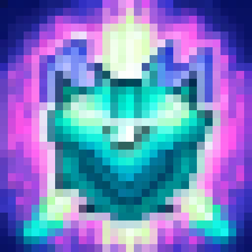 Neon cat with glowing eyes in a futuristic city skyline, surrounded by electric blue and pink lightning bolts, all rendered in a pixelated 32x32 art style.
