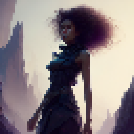 Curly-haired girl in black sleeveless top and skirt strikes a pose in a fantastical RPG world, surrounded by mythical creatures and grandiose architecture, depicted in stunning concept art.