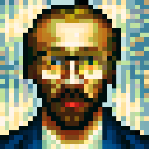 Vincent Van Gogh, cryptocurrency king, close-up, gold Gucci glasses, crown, Gucci apparel, 32x32 pixel art portrait, skill art style, game icon reminiscent, sRGB