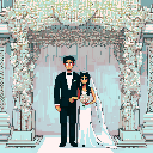 bride with fair skin, black hair, and tall stature, groom with ethnic features, both under white cloth chuppah, at a Jewish wedding, against a black background, in a flat color, pixel art style, emphasizing sRGB