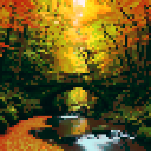 dense, moss-covered trees, vibrant autumn foliage, winding dirt paths, towering evergreens, sunlight filtering through the canopy, fallen leaves crunching underfoot, a tranquil creek flowing through the forest, small woodland creatures scurrying about, a quaint wooden bridge, patches of colorful mushrooms, pixelated tree trunks, vibrant shades of green and orange, a serene atmosphere, sRGB color palette