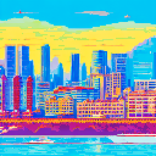 Monaco's glittering harbor nestled amidst towering skyscrapers, a sleek red Ferrari zooming past the roaring crowd, the sun-drenched coastline glittering in the background, all captured in vibrant pixelated glory