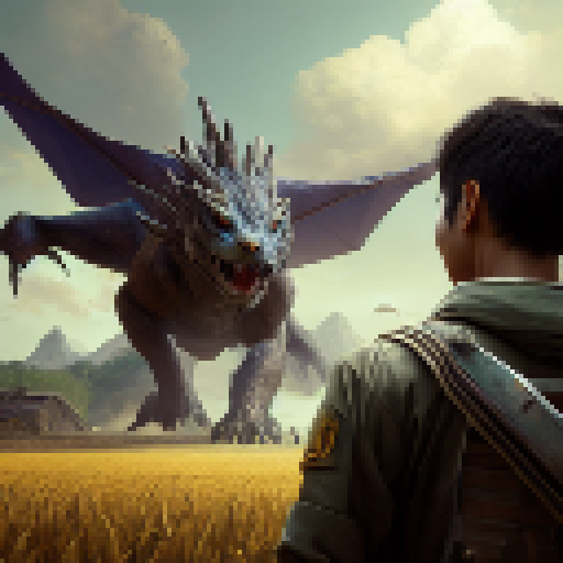 Eren from atack on titan, ready for battle with sword and shield, confronts a ferocious dragon-like beast in a sun-drenched wheat field, with a rustic barn and towering silo looming in the background, all rendered in a highly detailed and textured Fantasy RPG style.