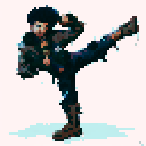 Spiky-haired punk thug, clad in gray denim jacket, blue pants, and brown boots, fiercely grunting while executing a high kick with guard up, depicted in a gritty, urban retro pixel art style.