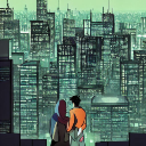 Comic book style image featuring a man and girl in hijab, staring intently into each other's eyes amidst a bustling cityscape with bright neon lights and a dramatic, action-packed skyline in the background.