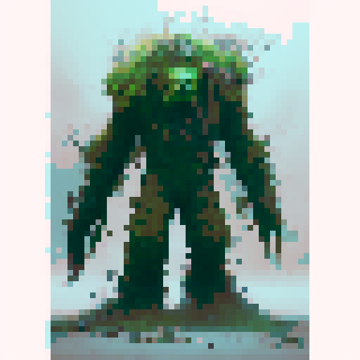 swamp monster made of moss and vines with twigs sticking out, and a dark face with red eyes