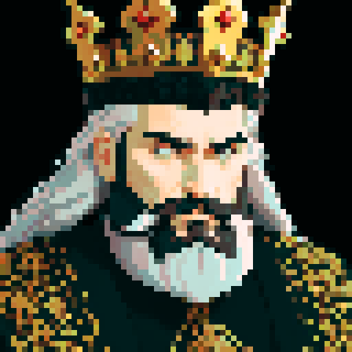 king, regal, black metall crown, black crown, majestic, stoic expression, sharp features, detailed beard, silver accents, royal robe, intricate embroidery, game icon, 32x32 pixel art, sRGB, skill art, close up, portrait, golden hairs
