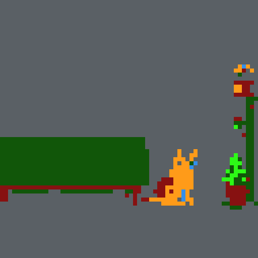 plants, flowers, gaming room, paintings on the wall, grey cat sitting on a cat tree