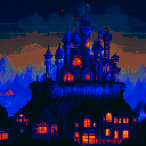 a pirate city by night, in pixel art. Blue ambient, orange lights from windows. houses made of wood.