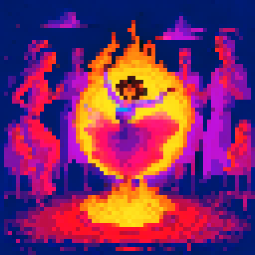 Andalusian gypsy girl, Candela, swirling in a pixel art flamenco dress as she dances the Ritual Fire Dance by a vibrant sRGB campfire, along with her ghost husband hovering over the campfire and her fellow gypsies, at night.