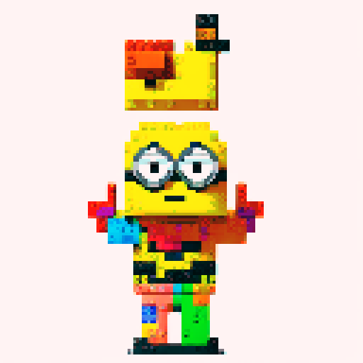 Minions, pixel lego, vibrant colors, blocky forms, playful expressions, retro video game aesthetic, 8-bit graphics, square pixels, limited color palette, sRGB compression
