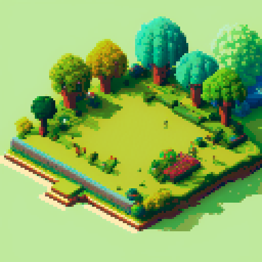 vibrant, lush, green grassy platform, colorful flowers, towering trees, charming pixel art style