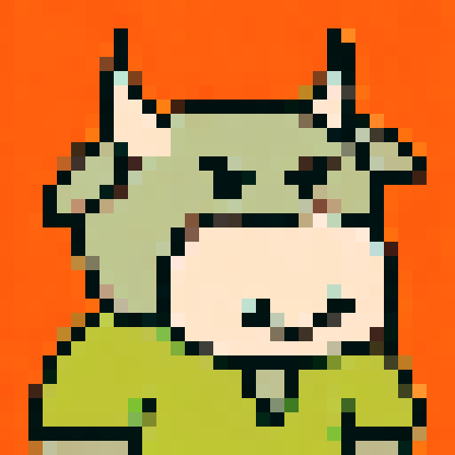 A pixel art portrait of a bull with a neutral expression, featuring a minimalist design with light skin tone, solid colors, Set against a solid orange background. The style is reminiscent of early video game characters, with a square aspect ratio.