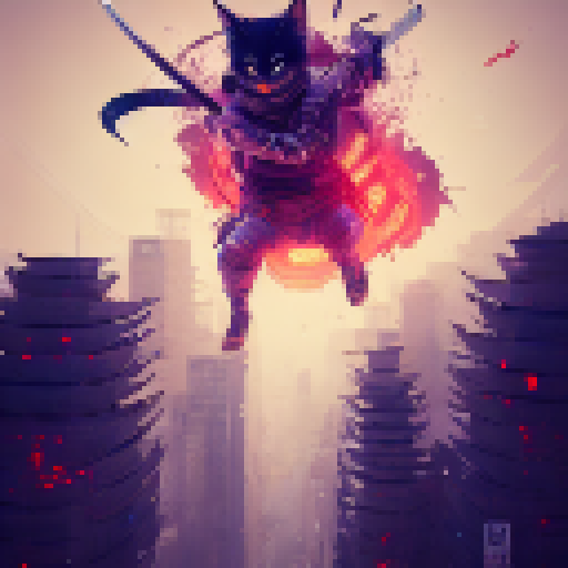 Fierce samurai kitten-ninja perched atop a towering Japanese skyscraper, wielding a katana with neon lights and a backdrop of bustling city lights, rendered in a dynamic anime style.