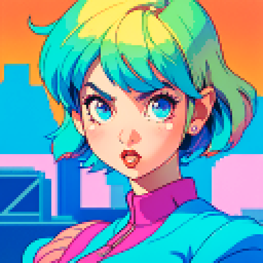 Short hair girl, waving, vibrant colors, retro vibes, pixelated textures, sRGB, pixel art