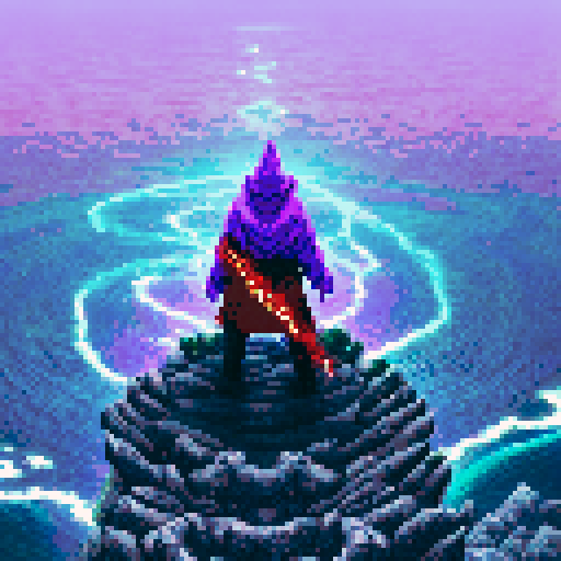 Hooded warlock with glowing eyes casting spell, surrounded by swirling purple mist, holding ancient tome, standing on rocky cliff overlooking moonlit ocean, with pixelated waves crashing below.